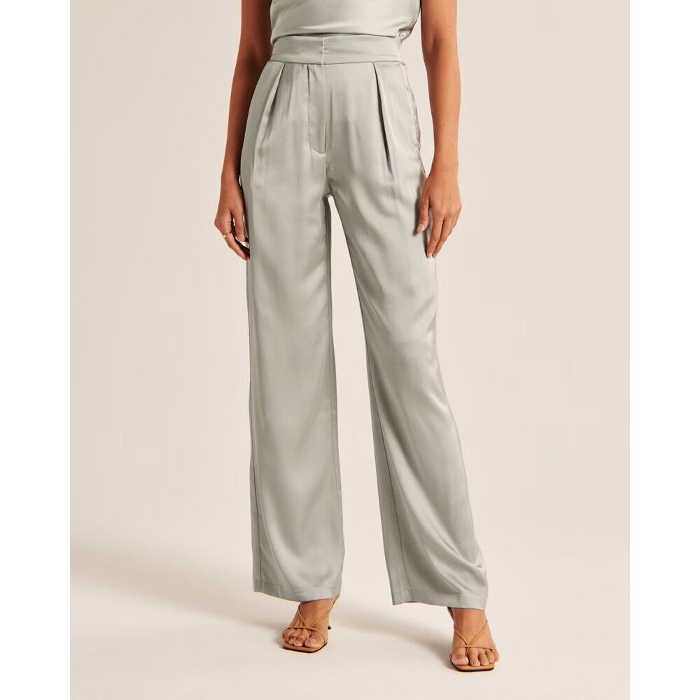Abercrombie and Fitch Satin Tailored Wide Leg Pant Sage Size 33 Long